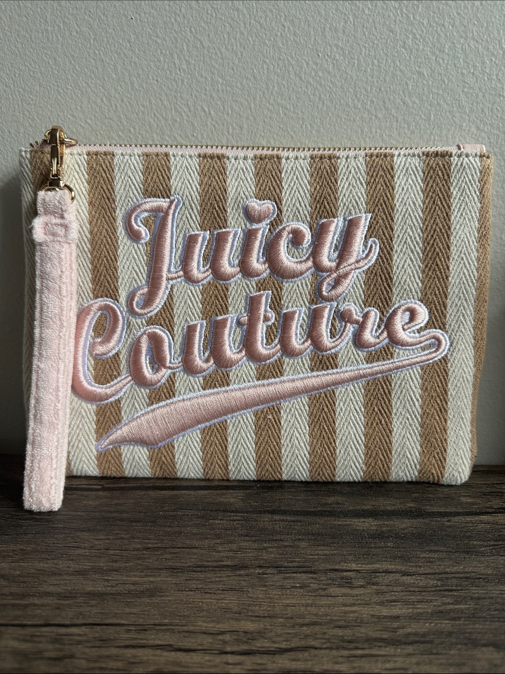 Juicy Couture Pink & Tan Striped Embroidered Wristlet- used 1X